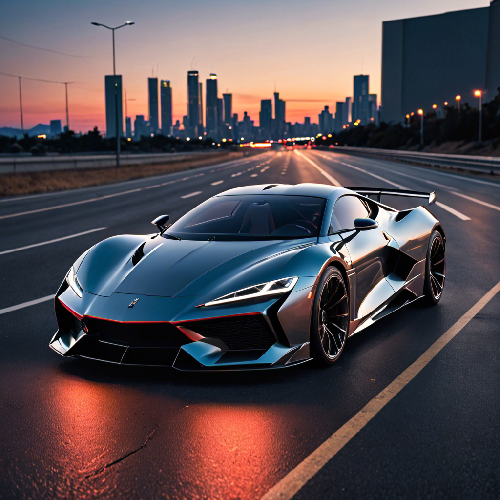a sleek futuristic sports car on an empty highway at dusk, neon reflections, detailed — image 11