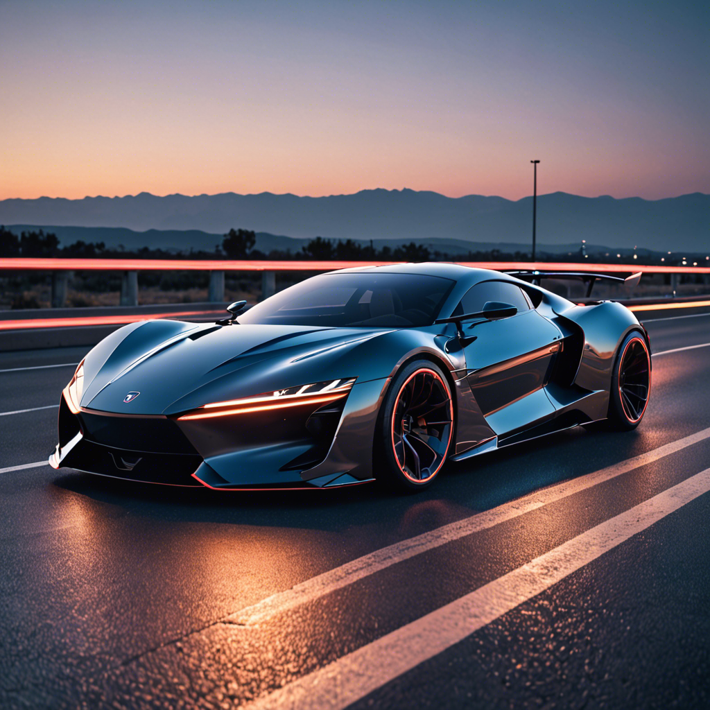 a sleek futuristic sports car on an empty highway at dusk, neon reflections, detailed — image 12