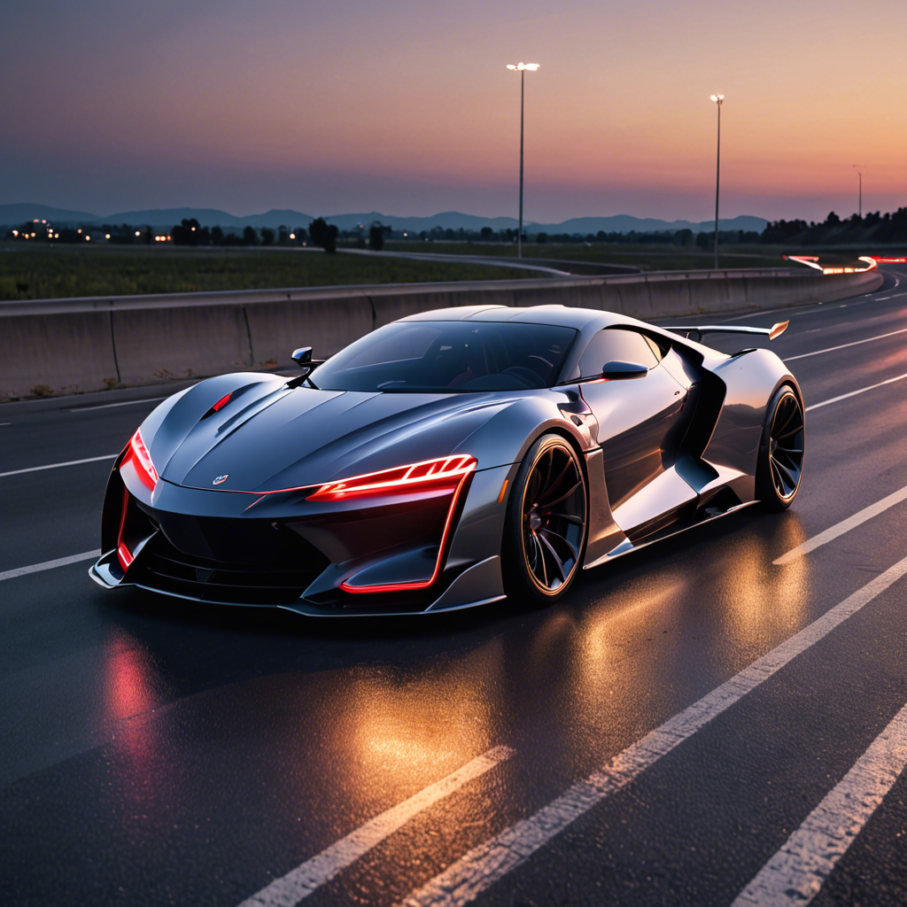 a sleek futuristic sports car on an empty highway at dusk, neon reflections, detailed — image 14