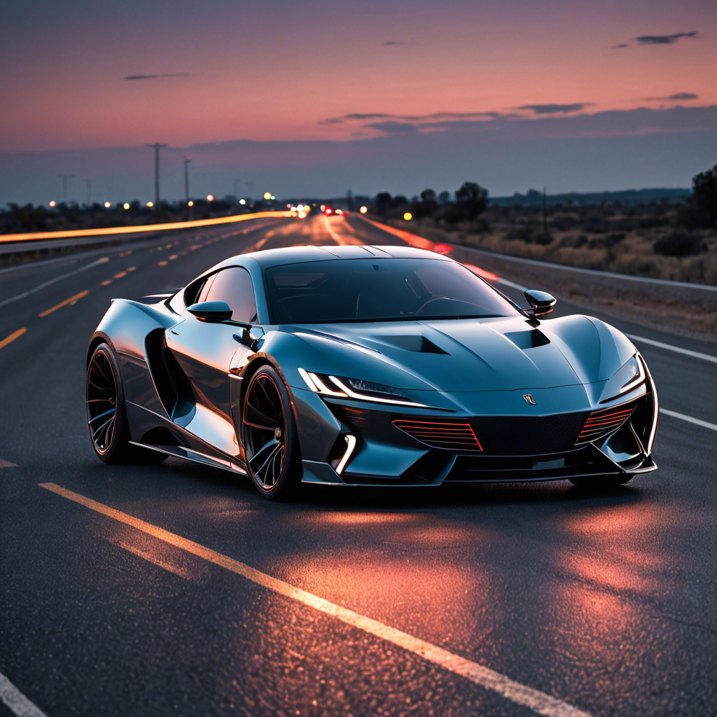 a sleek futuristic sports car on an empty highway at dusk, neon reflections, detailed — image 15