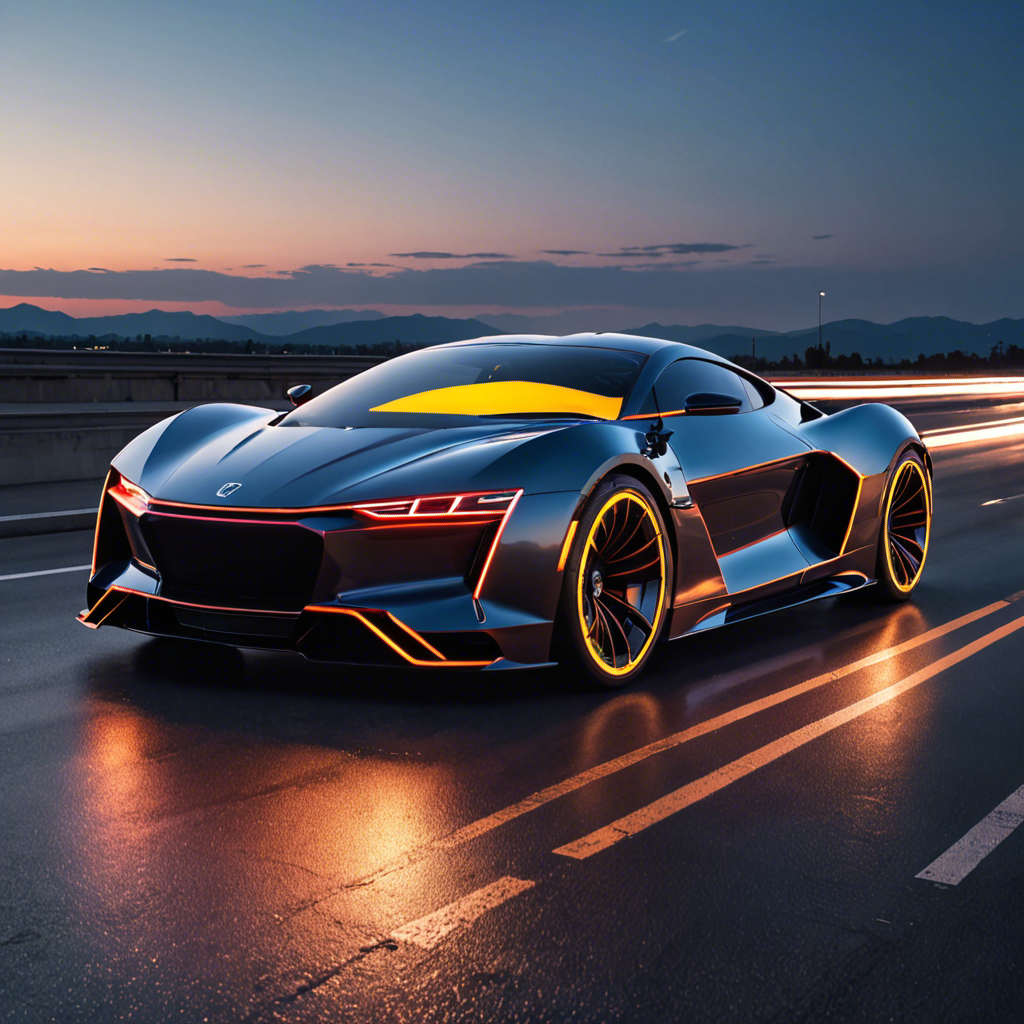 a sleek futuristic sports car on an empty highway at dusk, neon reflections, detailed — image 18