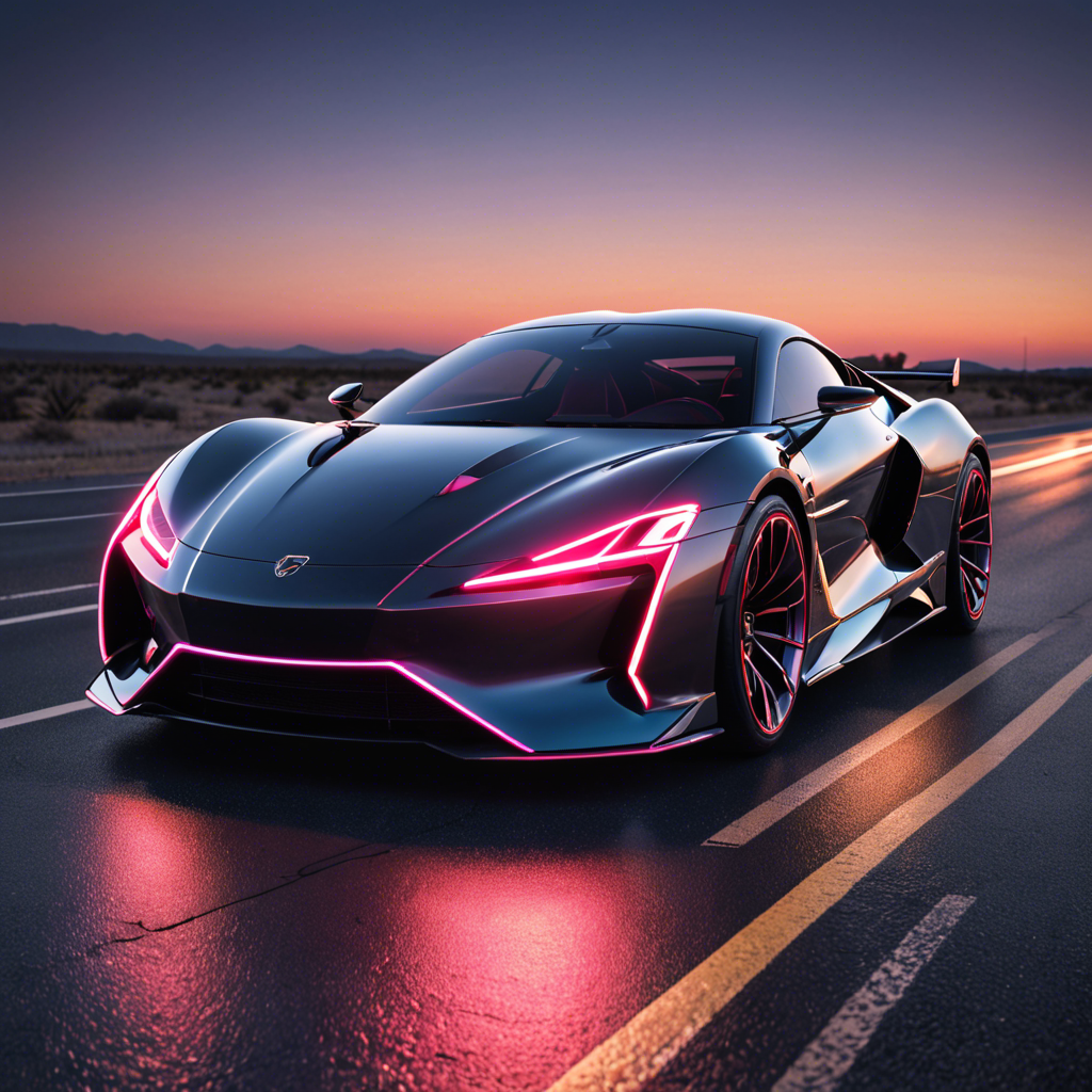 a sleek futuristic sports car on an empty highway at dusk, neon reflections, detailed — image 19