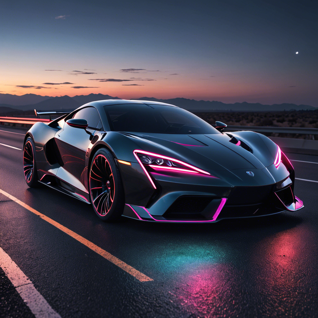 a sleek futuristic sports car on an empty highway at dusk, neon reflections, detailed — image 21
