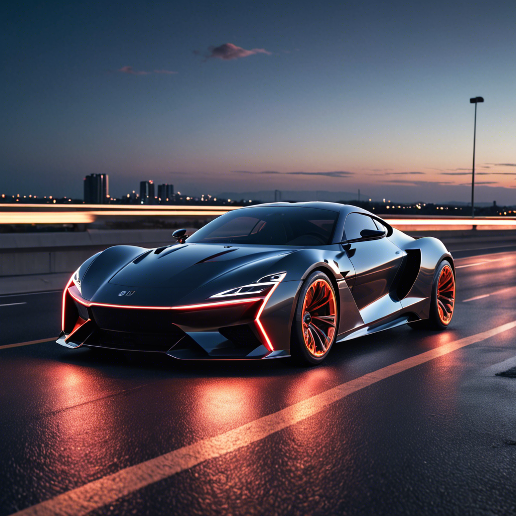a sleek futuristic sports car on an empty highway at dusk, neon reflections, detailed — image 22