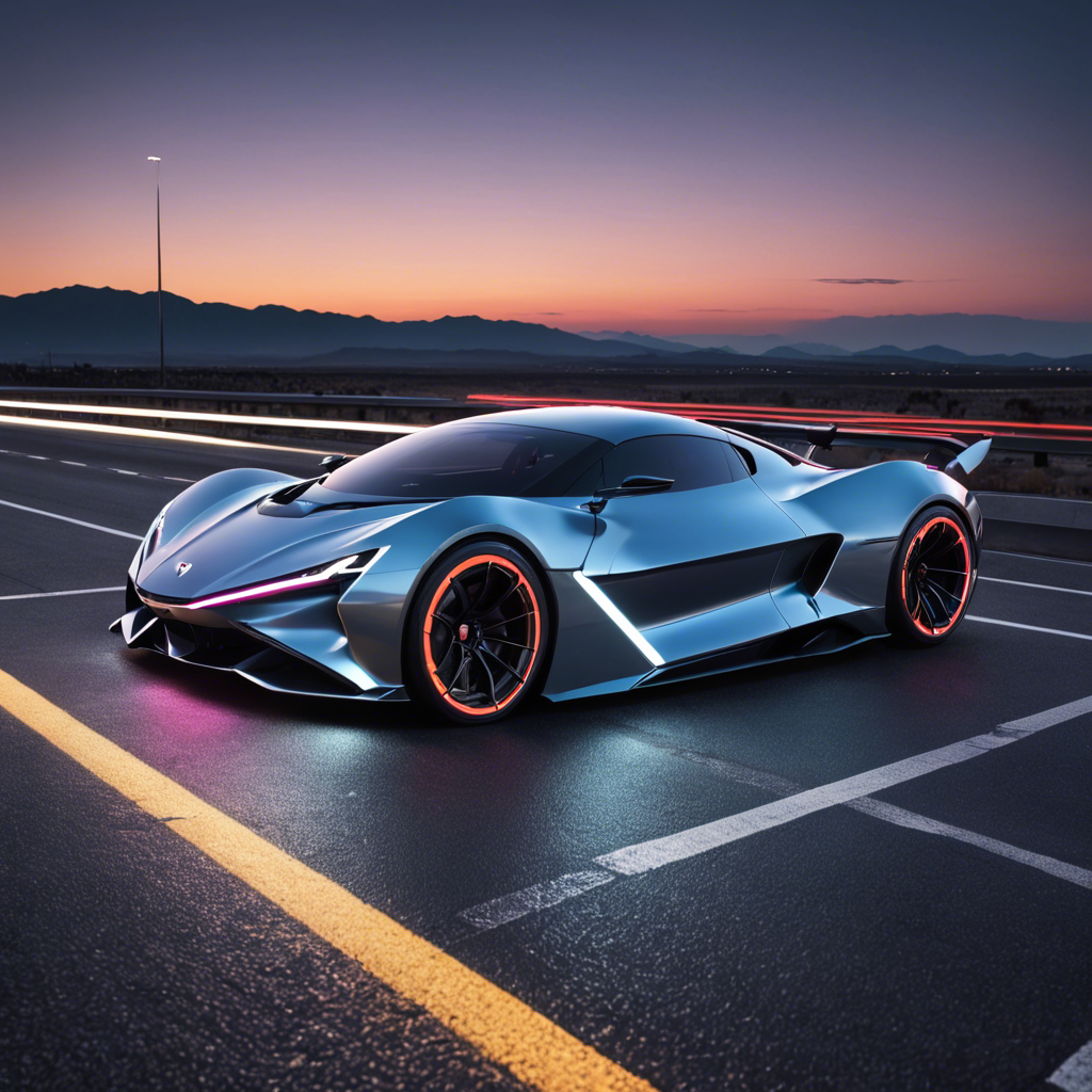 a sleek futuristic sports car on an empty highway at dusk, neon reflections, detailed — image 23