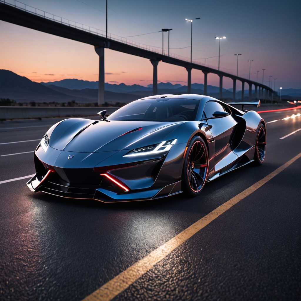 a sleek futuristic sports car on an empty highway at dusk, neon reflections, detailed — image 24