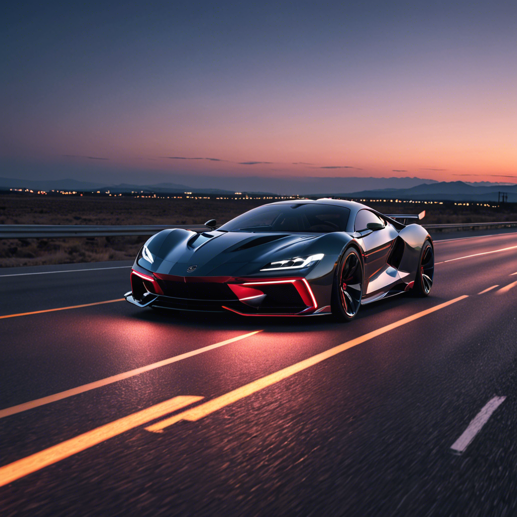 a sleek futuristic sports car on an empty highway at dusk, neon reflections, detailed — image 2
