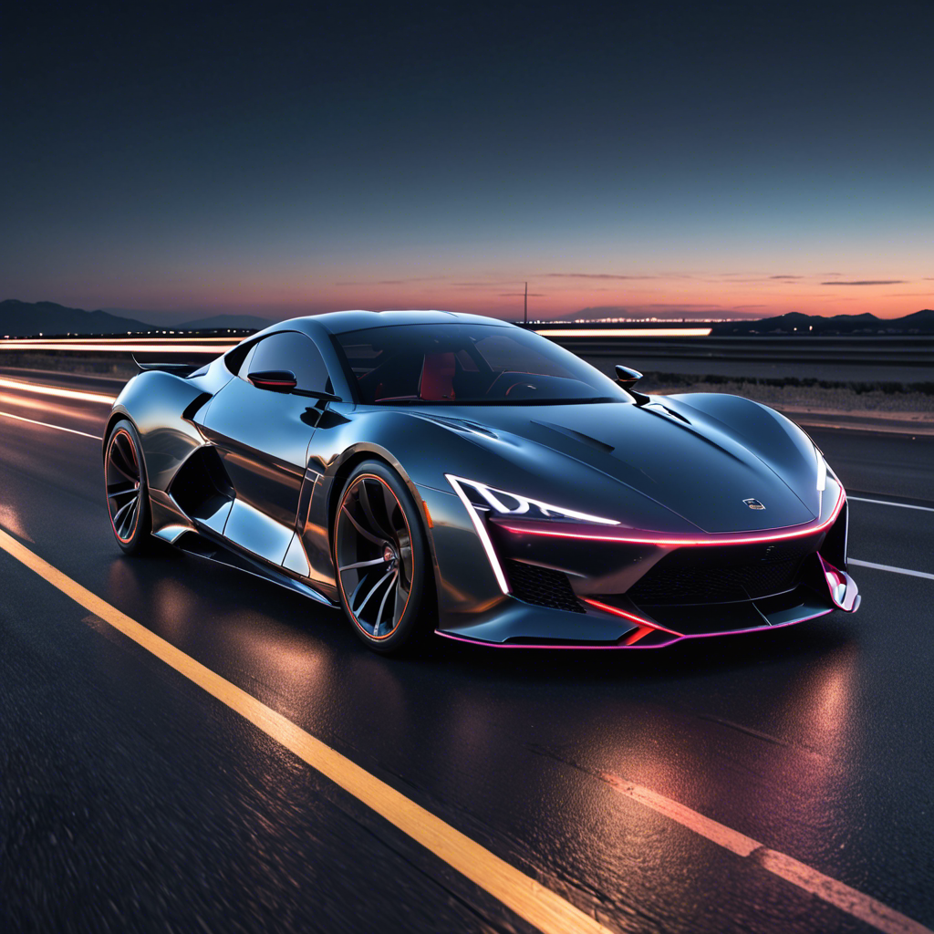 a sleek futuristic sports car on an empty highway at dusk, neon reflections, detailed — image 1