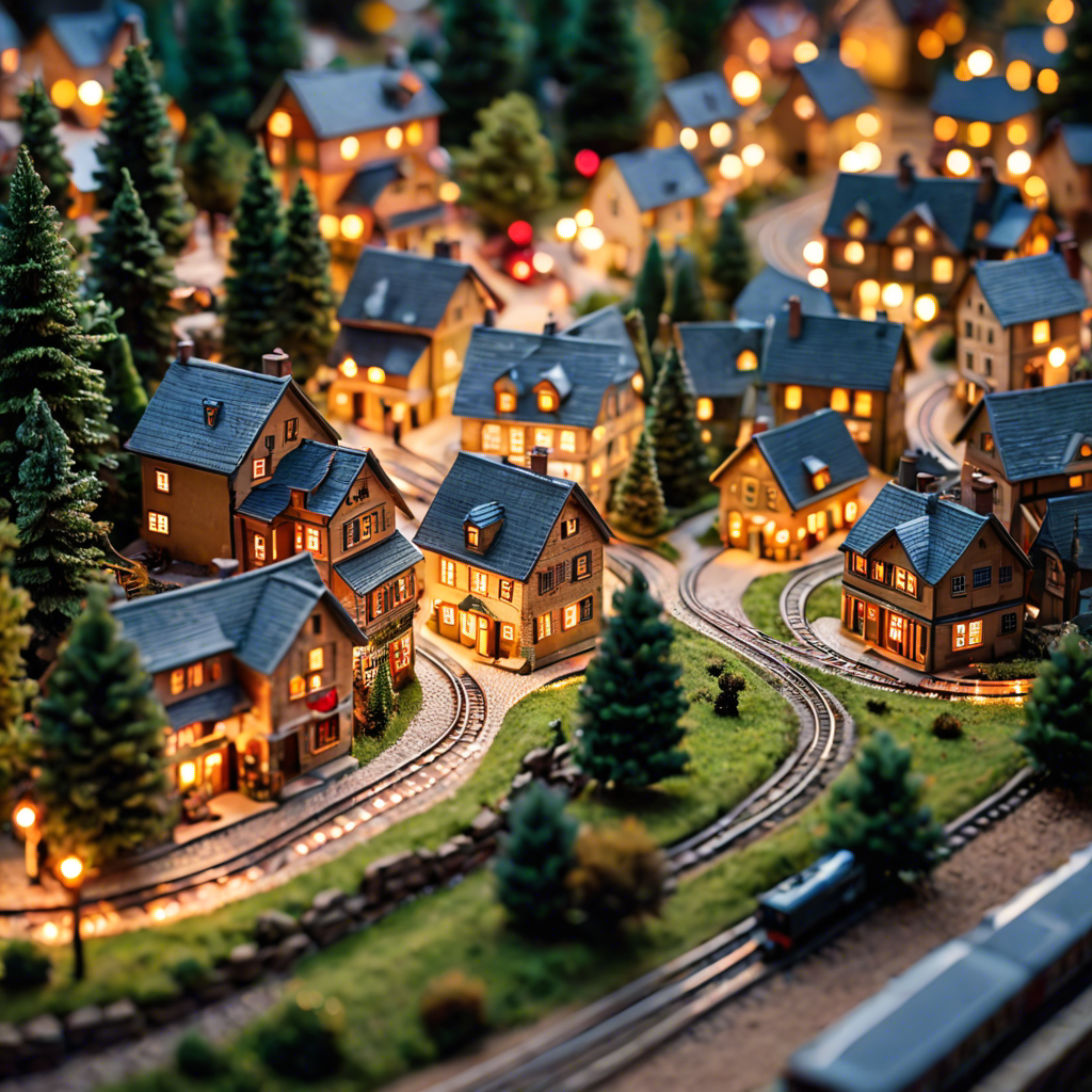 a tiny model train set winding through a miniature village, warm lights, tilt shift, detailed — image 1