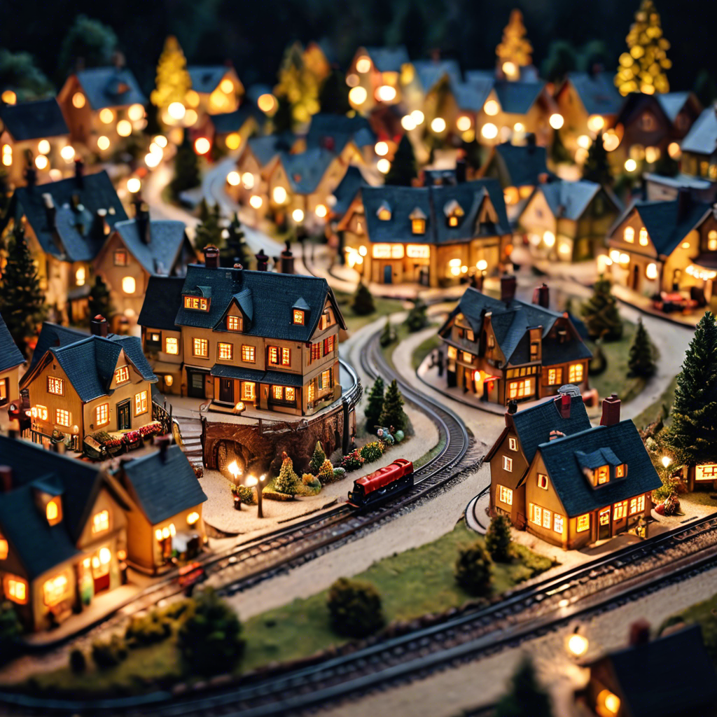 a tiny model train set winding through a miniature village, warm lights, tilt shift, detailed — image 2