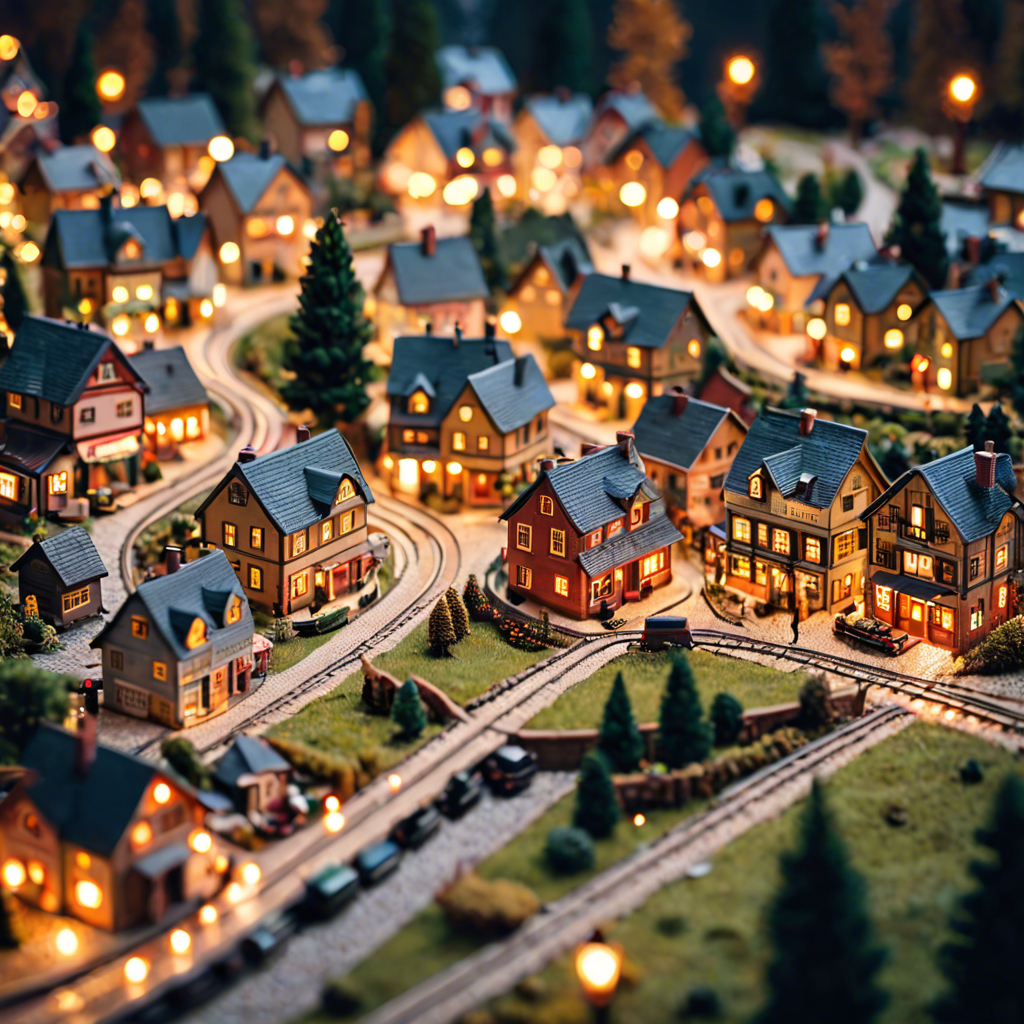a tiny model train set winding through a miniature village, warm lights, tilt shift, detailed — image 3