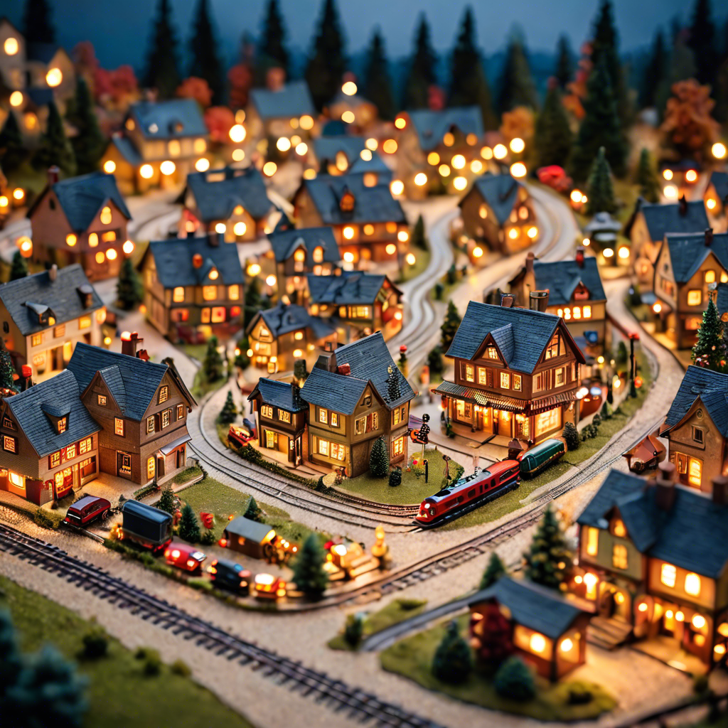 a tiny model train set winding through a miniature village, warm lights, tilt shift, detailed — image 4