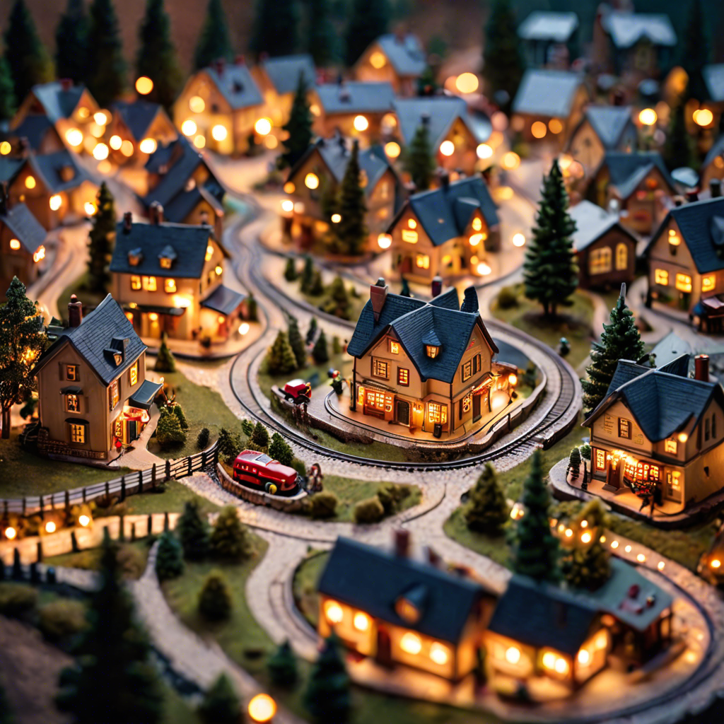 a tiny model train set winding through a miniature village, warm lights, tilt shift, detailed — image 5