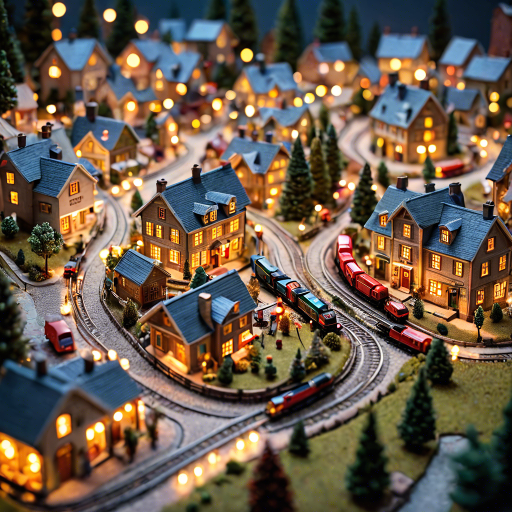 a tiny model train set winding through a miniature village, warm lights, tilt shift, detailed — image 6