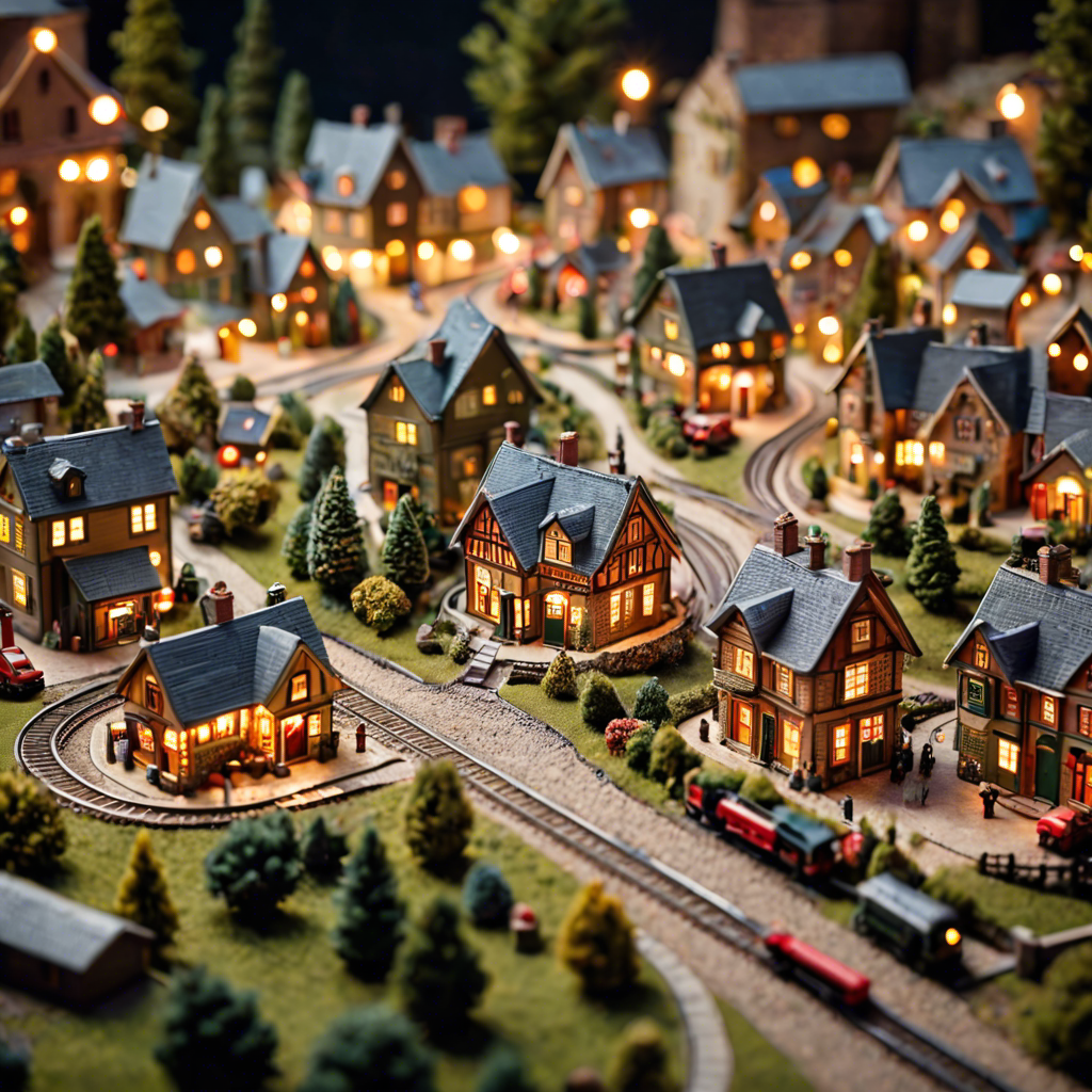 a tiny model train set winding through a miniature village, warm lights, tilt shift, detailed — image 7