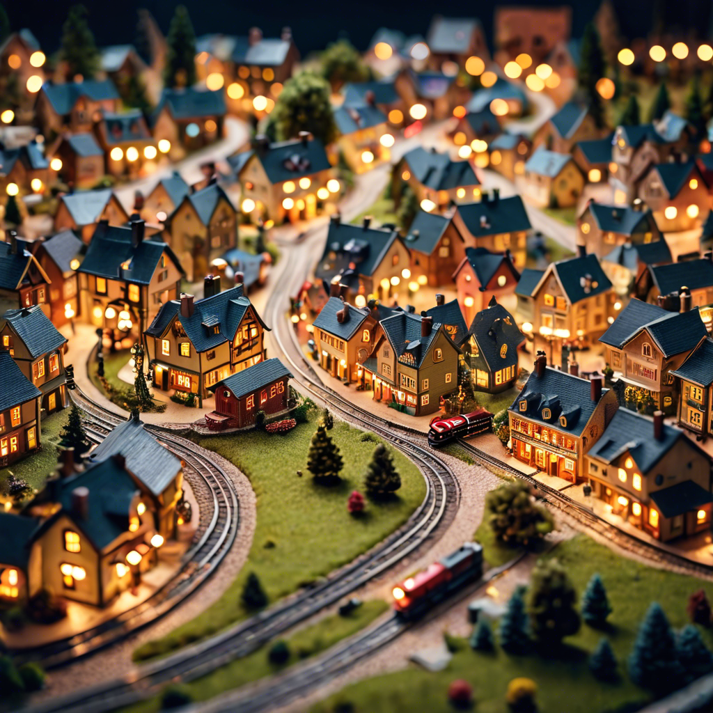 a tiny model train set winding through a miniature village, warm lights, tilt shift, detailed — image 8