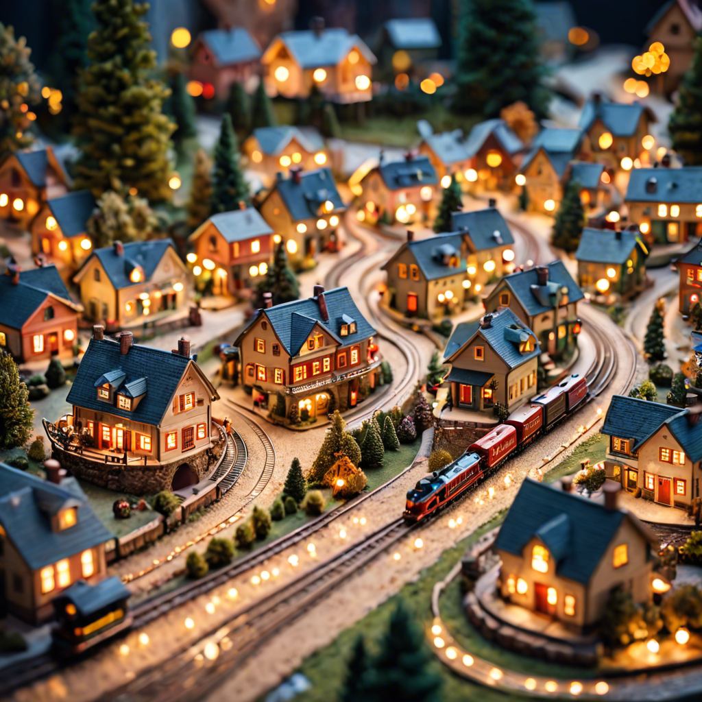 a tiny model train set winding through a miniature village, warm lights, tilt shift, detailed — image 9