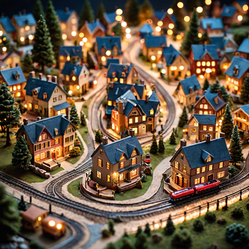 a tiny model train set winding through a miniature village, warm lights, tilt shift, detailed — image 10