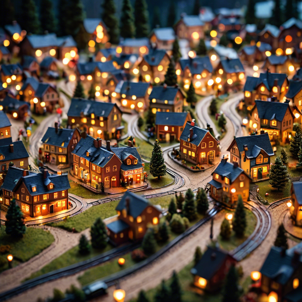 a tiny model train set winding through a miniature village, warm lights, tilt shift, detailed — image 11