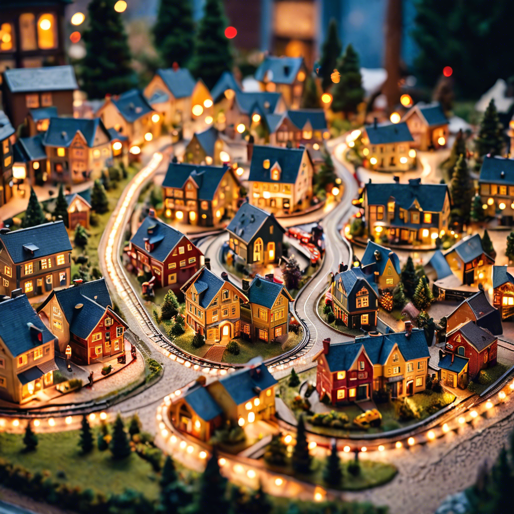 a tiny model train set winding through a miniature village, warm lights, tilt shift, detailed — image 12