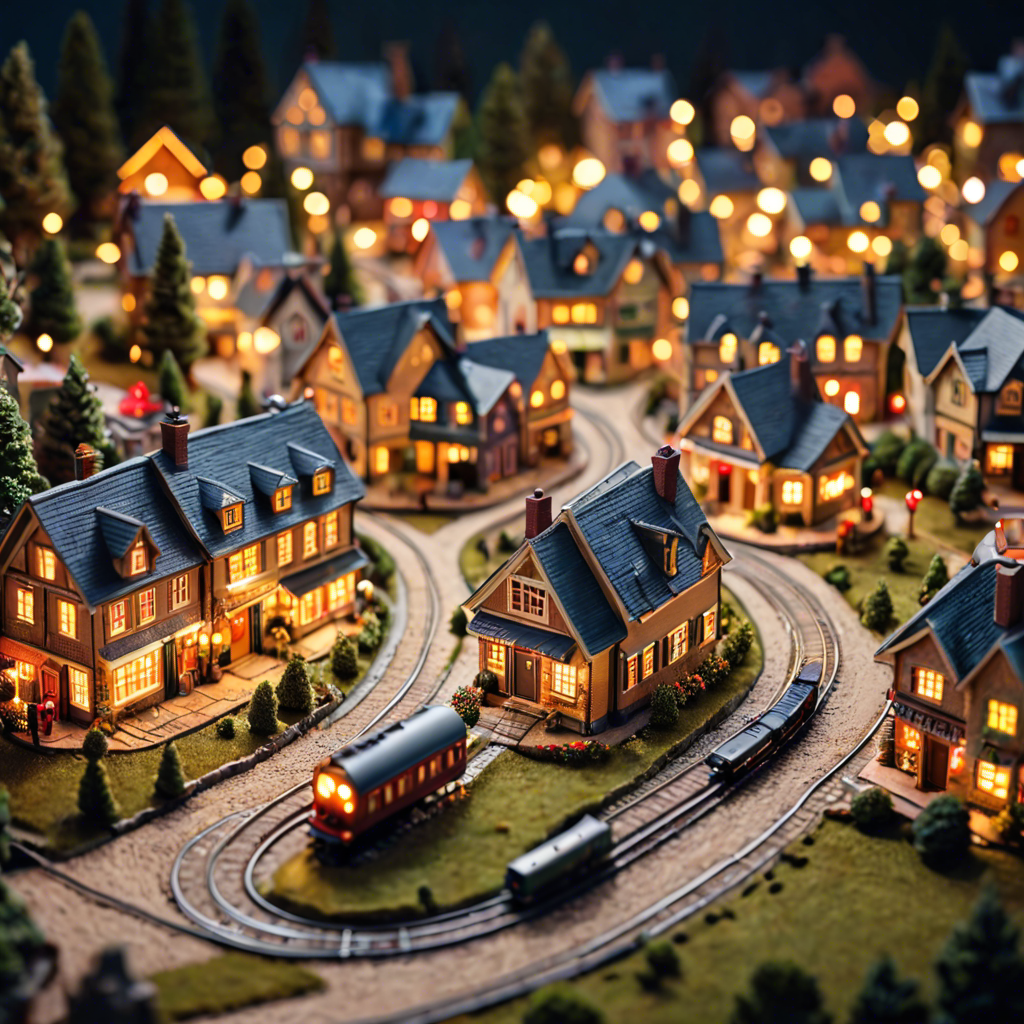 a tiny model train set winding through a miniature village, warm lights, tilt shift, detailed — image 13