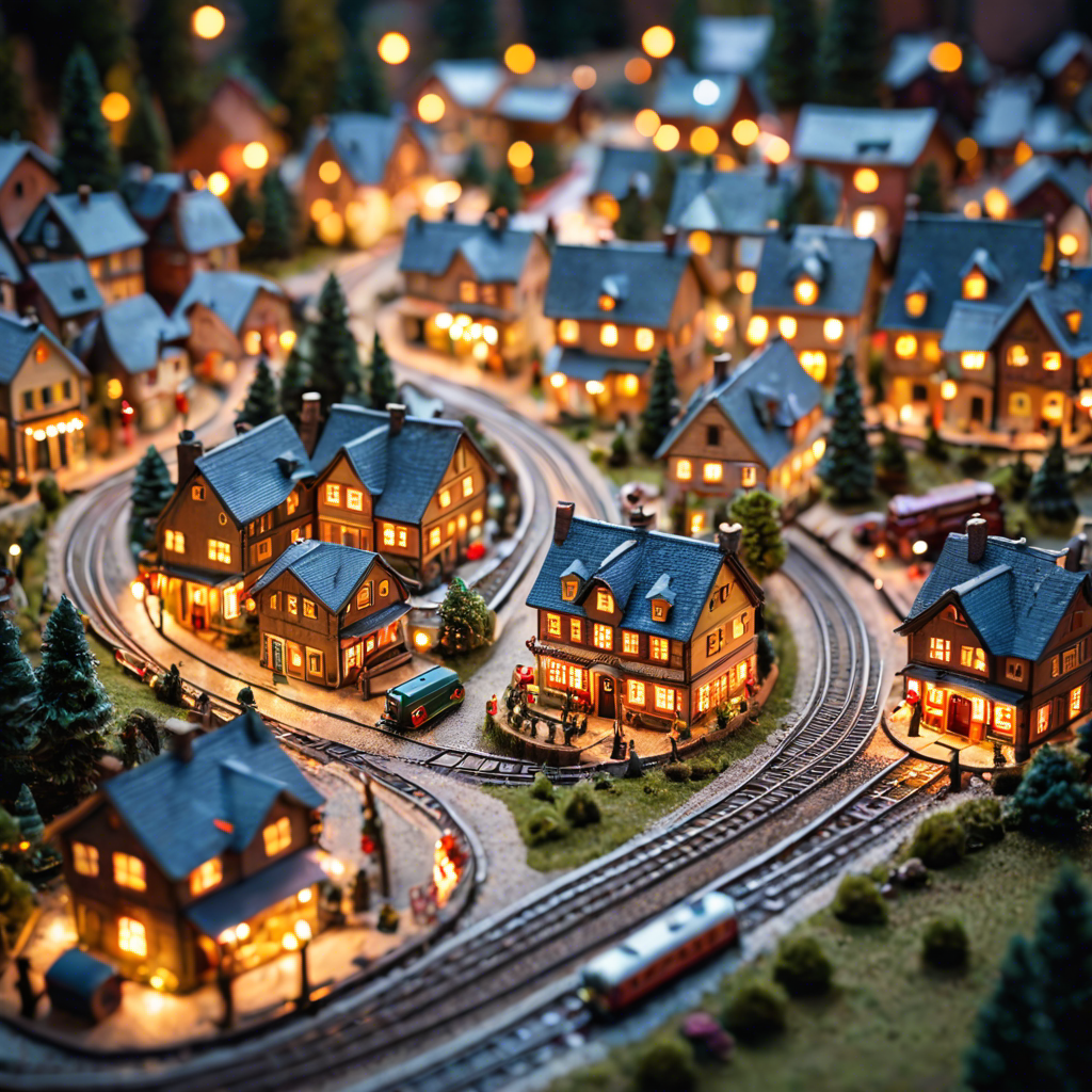 a tiny model train set winding through a miniature village, warm lights, tilt shift, detailed — image 14