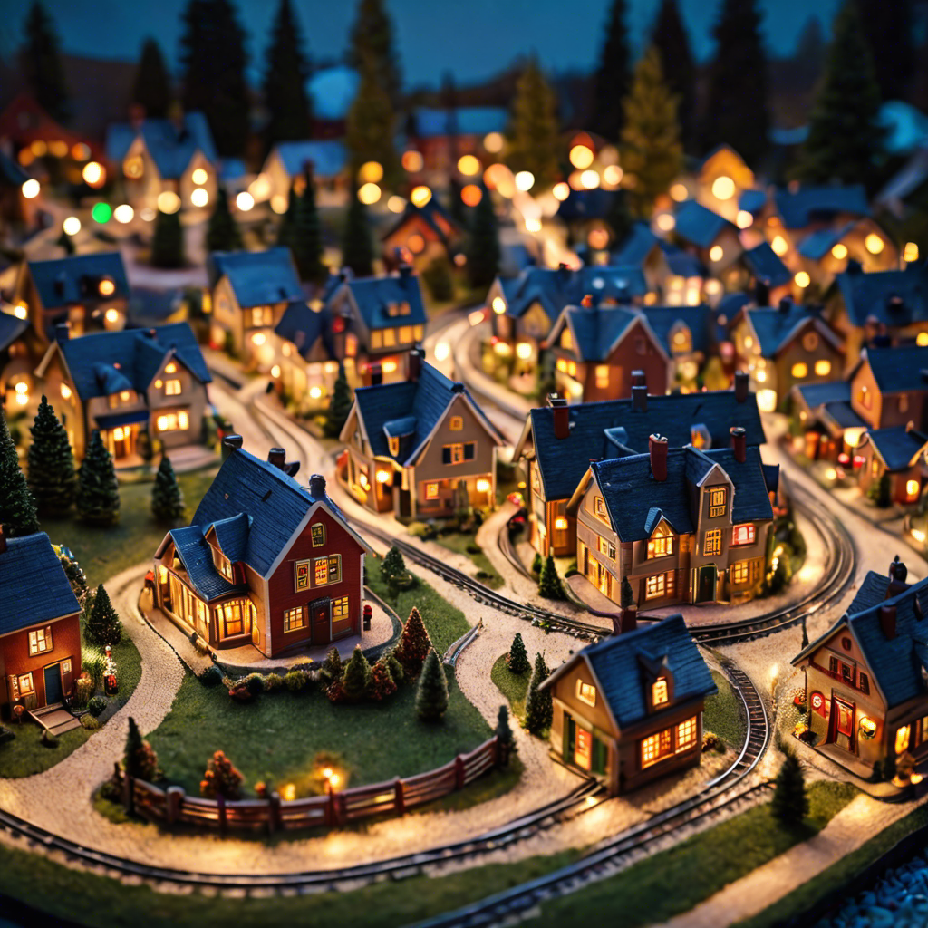 a tiny model train set winding through a miniature village, warm lights, tilt shift, detailed — image 15