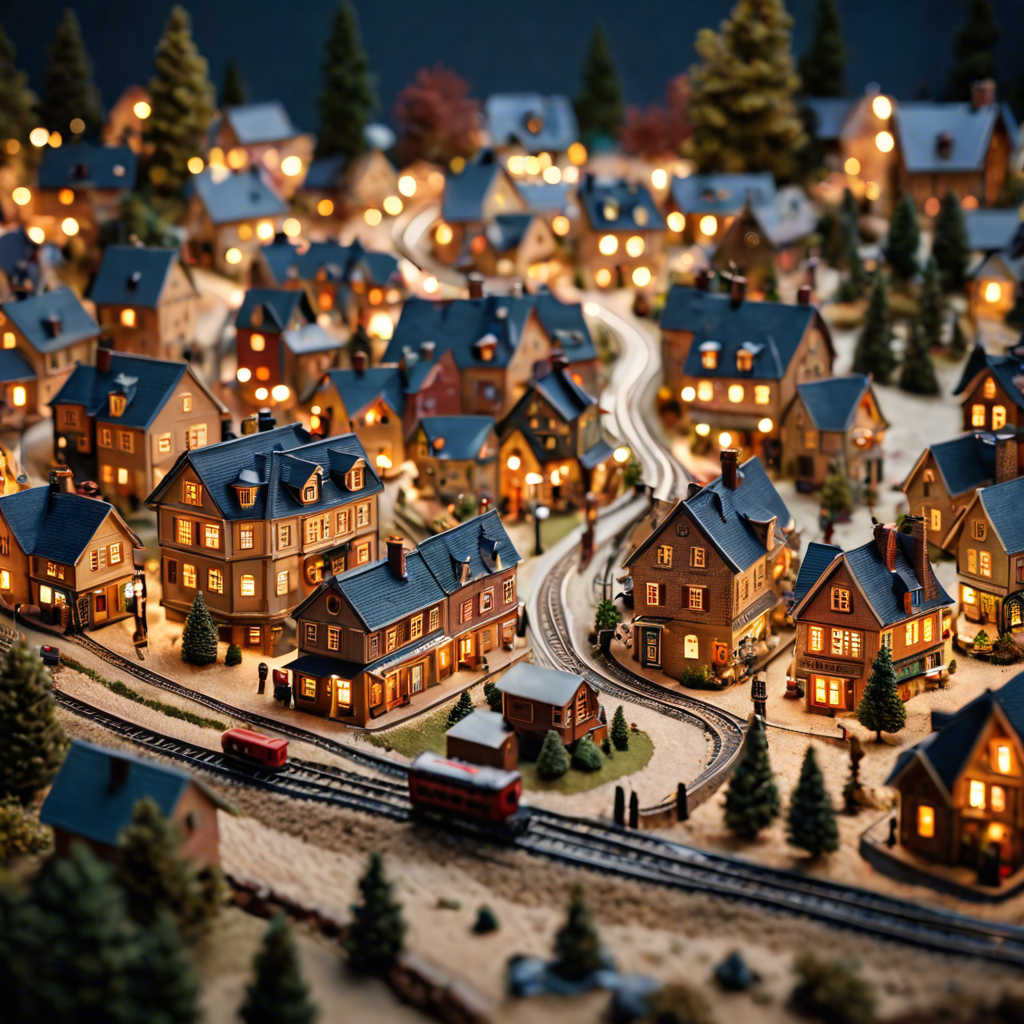 a tiny model train set winding through a miniature village, warm lights, tilt shift, detailed — image 16