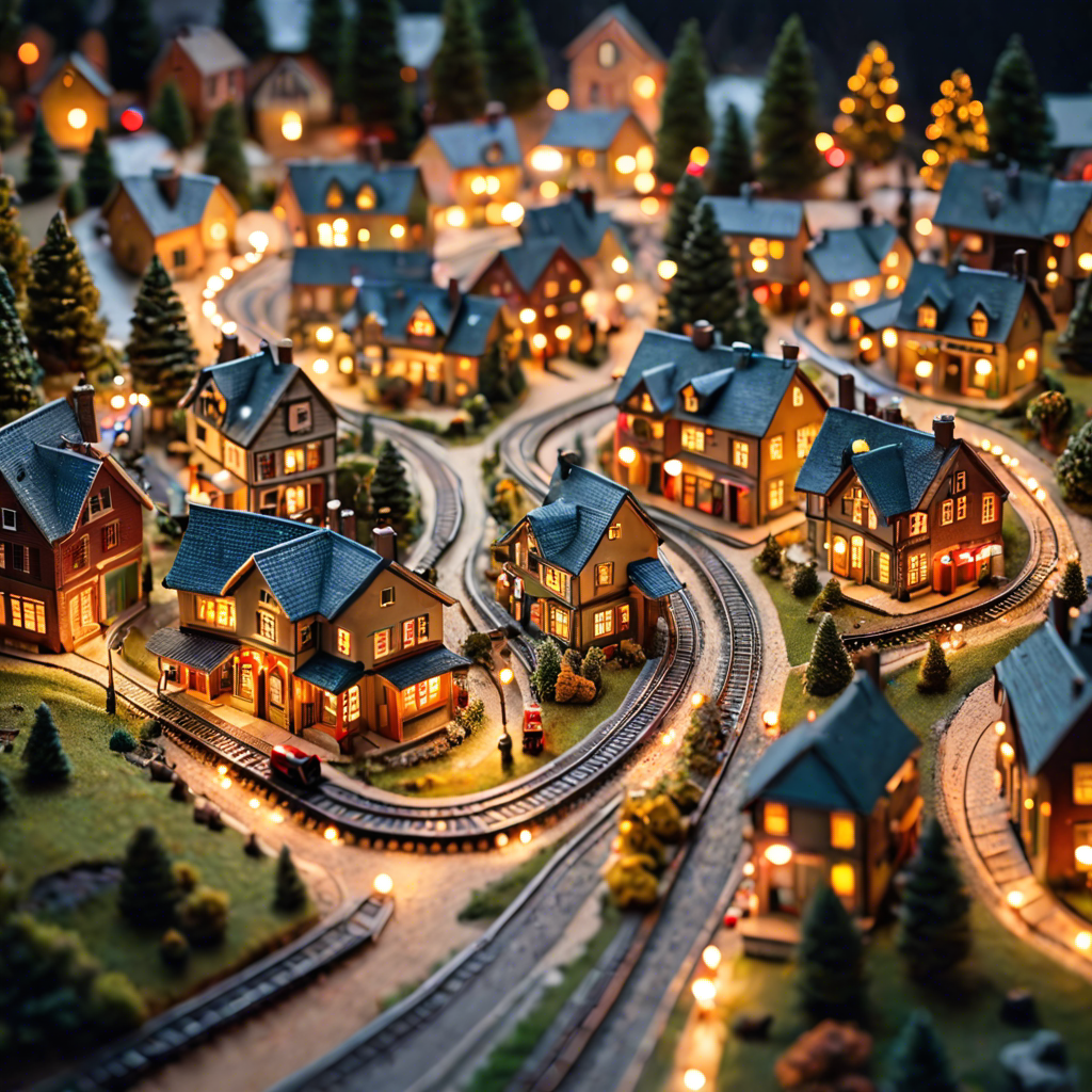 a tiny model train set winding through a miniature village, warm lights, tilt shift, detailed — image 17