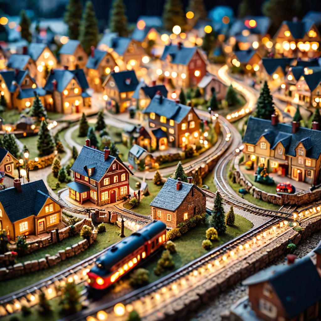 a tiny model train set winding through a miniature village, warm lights, tilt shift, detailed — image 18