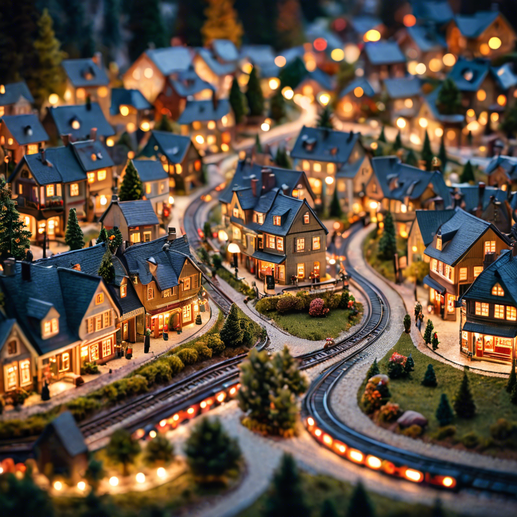 a tiny model train set winding through a miniature village, warm lights, tilt shift, detailed — image 19