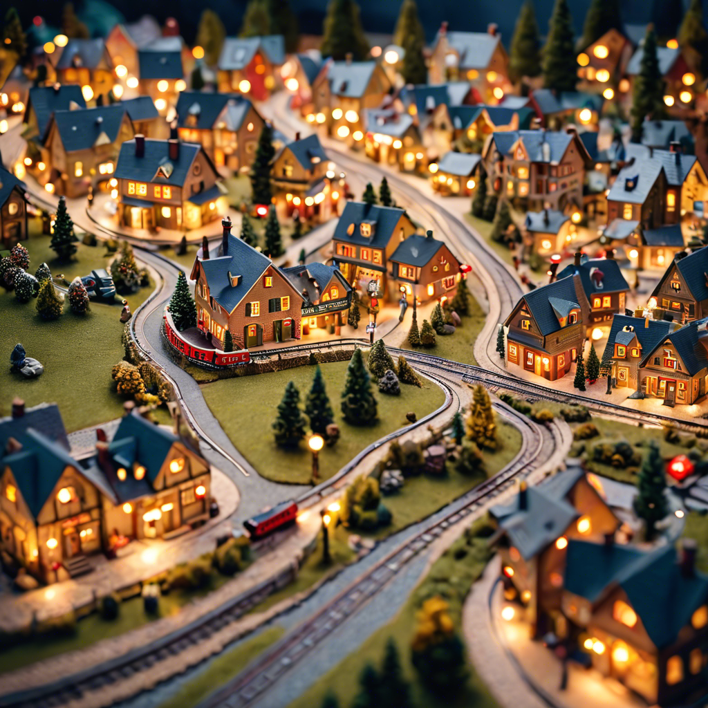 a tiny model train set winding through a miniature village, warm lights, tilt shift, detailed — image 20