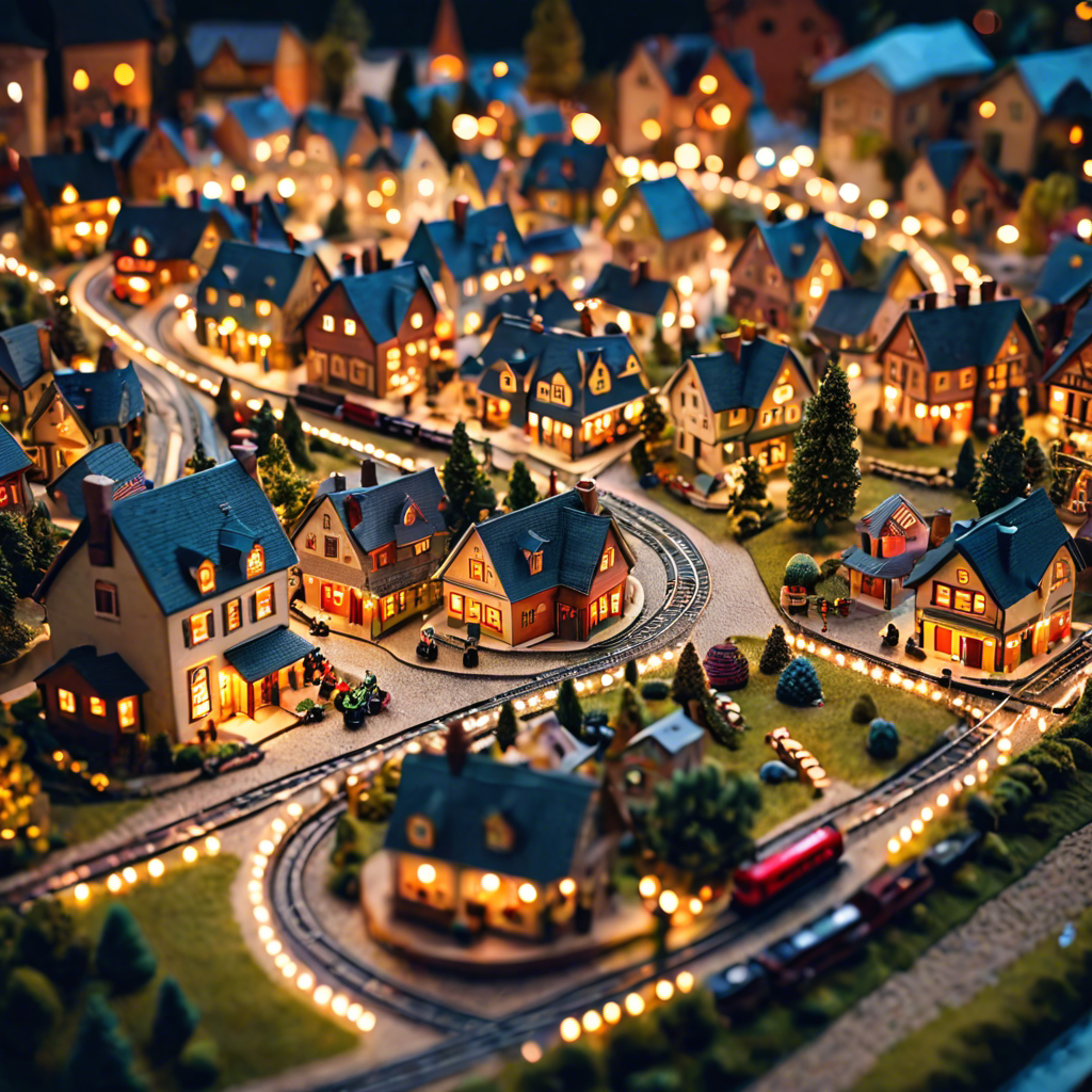a tiny model train set winding through a miniature village, warm lights, tilt shift, detailed — image 21