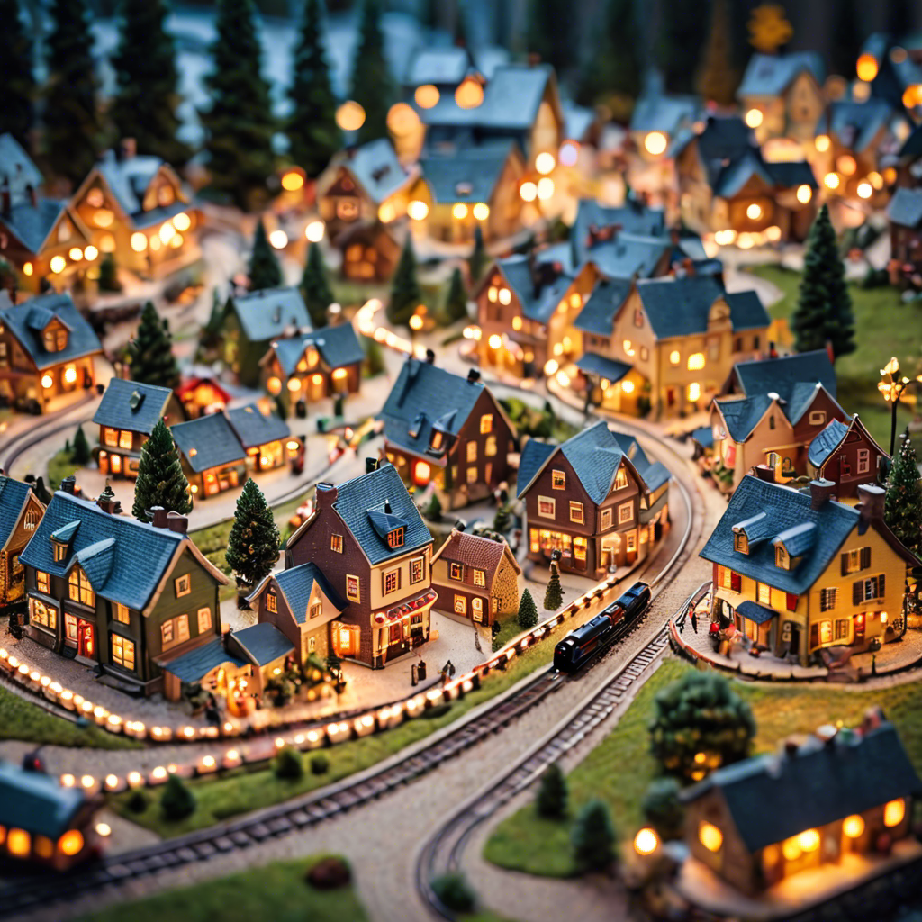 a tiny model train set winding through a miniature village, warm lights, tilt shift, detailed — image 22
