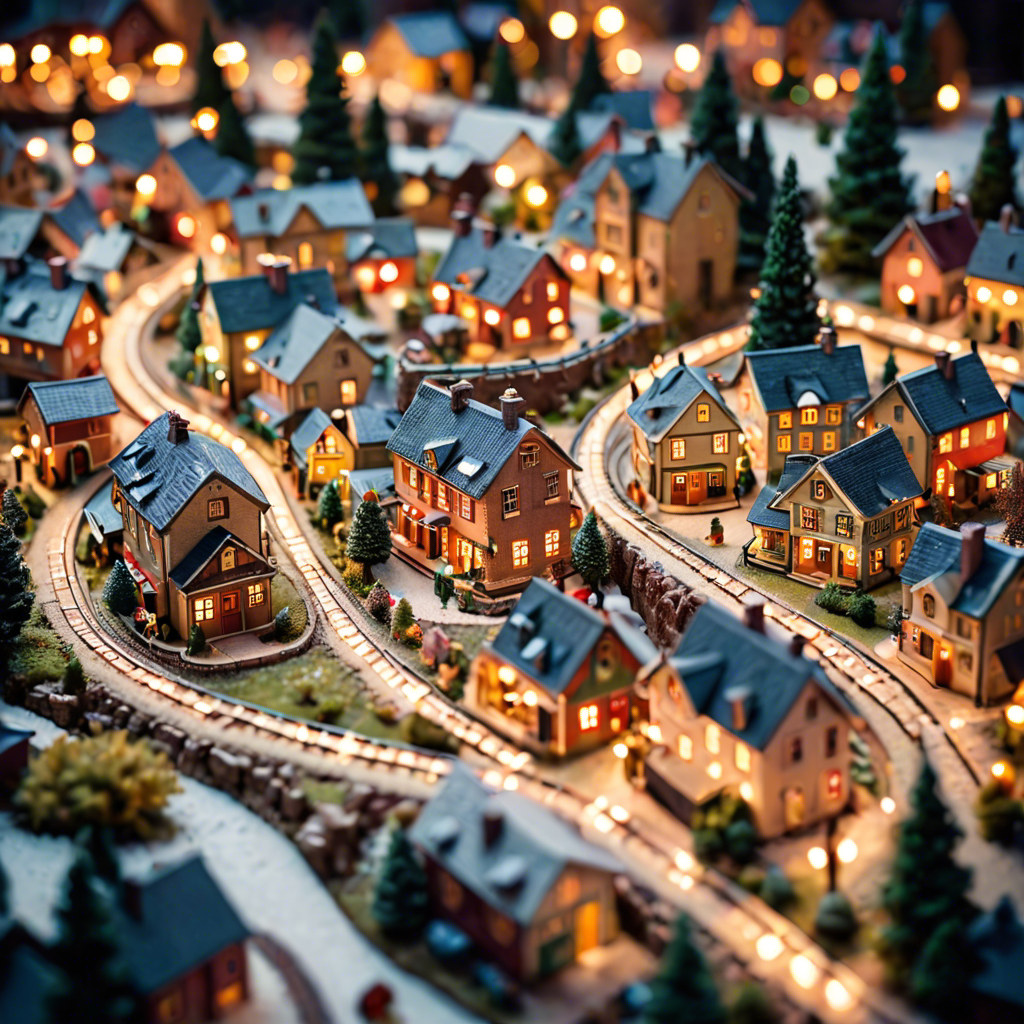 a tiny model train set winding through a miniature village, warm lights, tilt shift, detailed — image 23