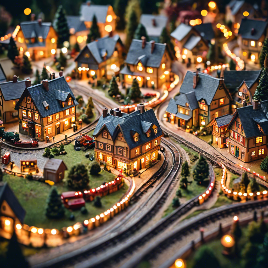 a tiny model train set winding through a miniature village, warm lights, tilt shift, detailed — image 24
