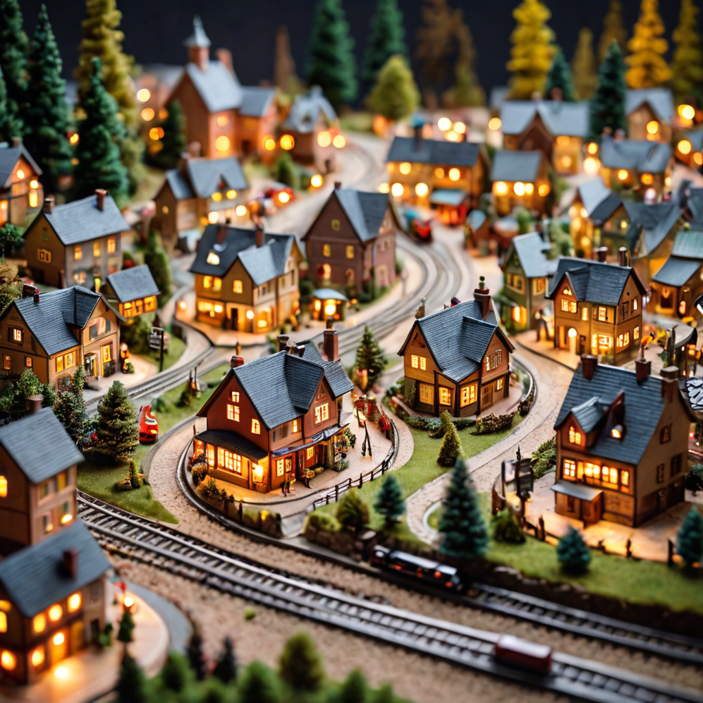 a tiny model train set winding through a miniature village, warm lights, tilt shift, detailed — image 25