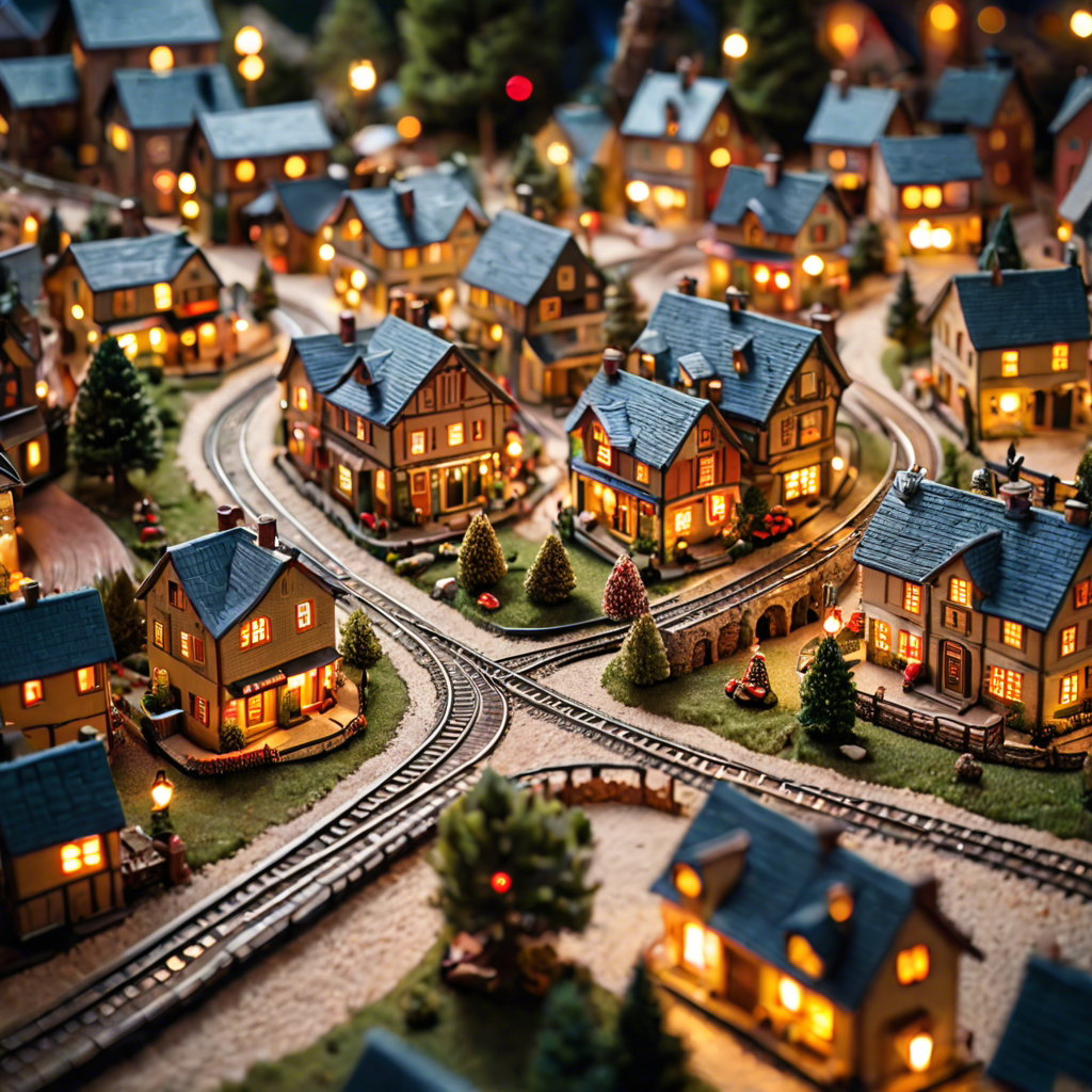 a tiny model train set winding through a miniature village, warm lights, tilt shift, detailed — image 2