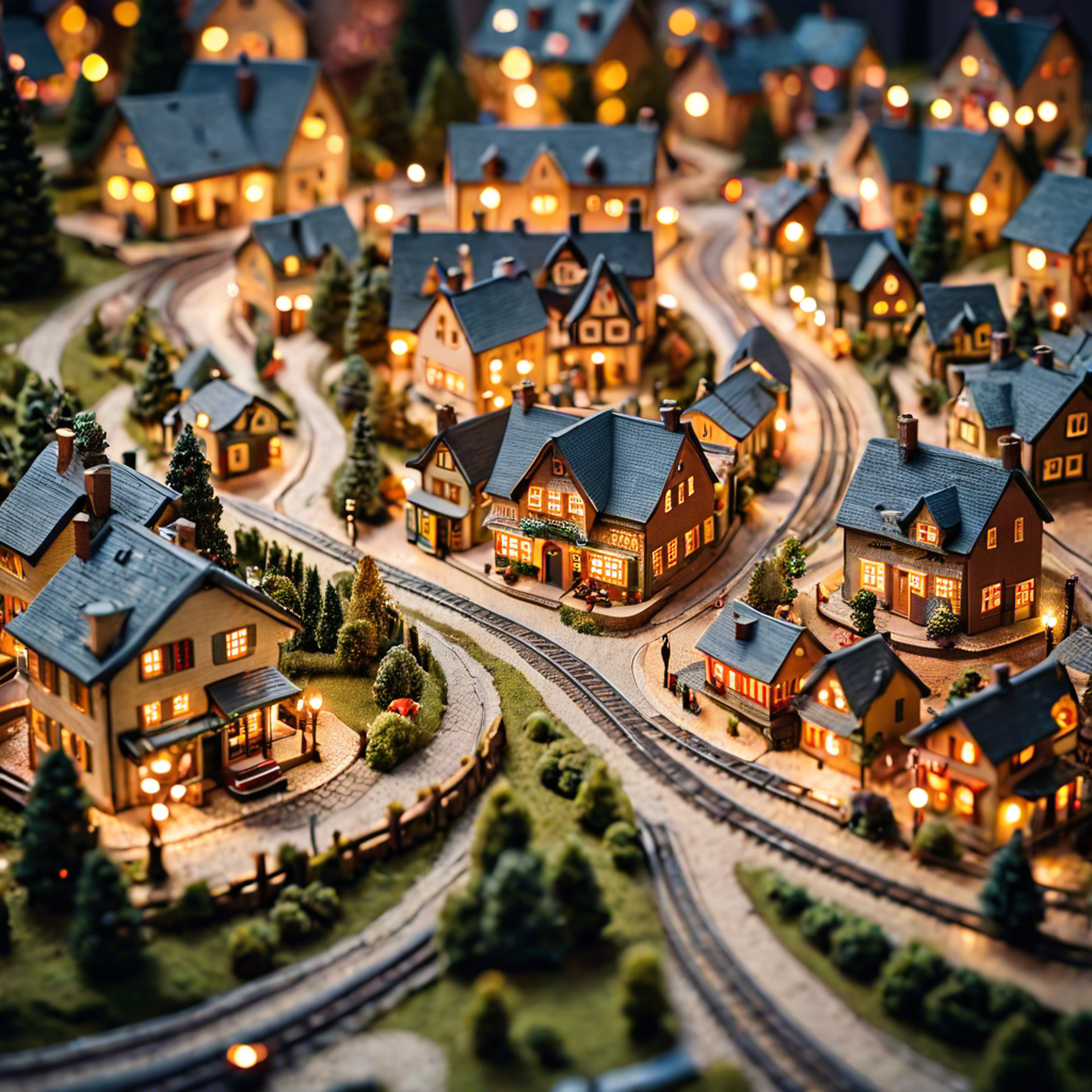 a tiny model train set winding through a miniature village, warm lights, tilt shift, detailed — image 3