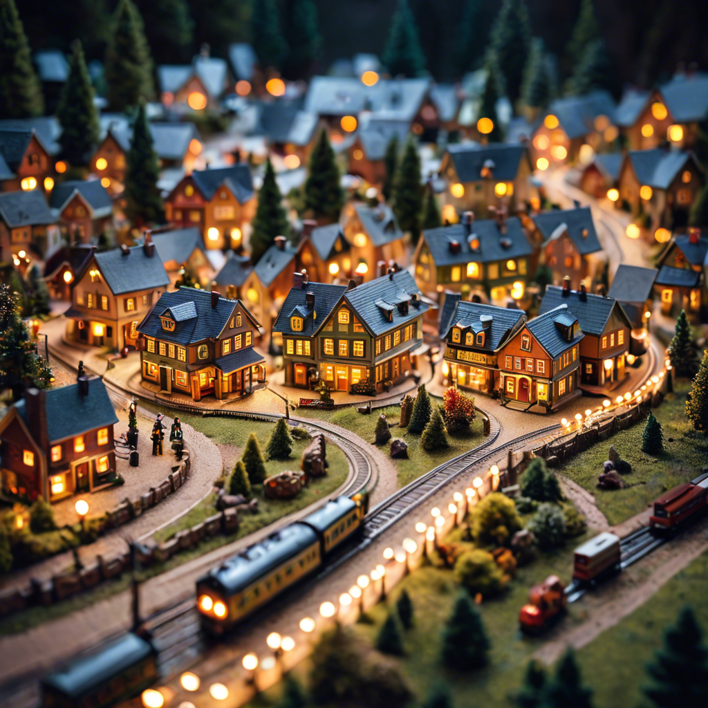 a tiny model train set winding through a miniature village, warm lights, tilt shift, detailed — image 4