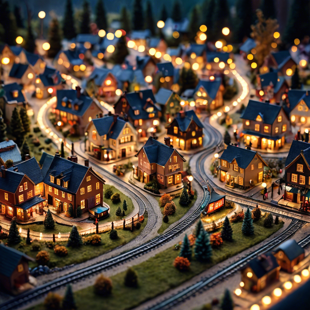 a tiny model train set winding through a miniature village, warm lights, tilt shift, detailed — image 1