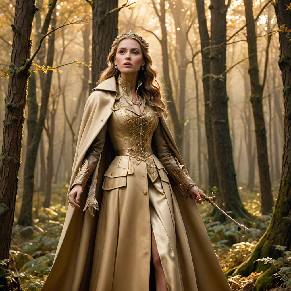 a warrior princess in a tailored long coat, singing softly in an enchanted forest, soft golden glow, detailed — image 1
