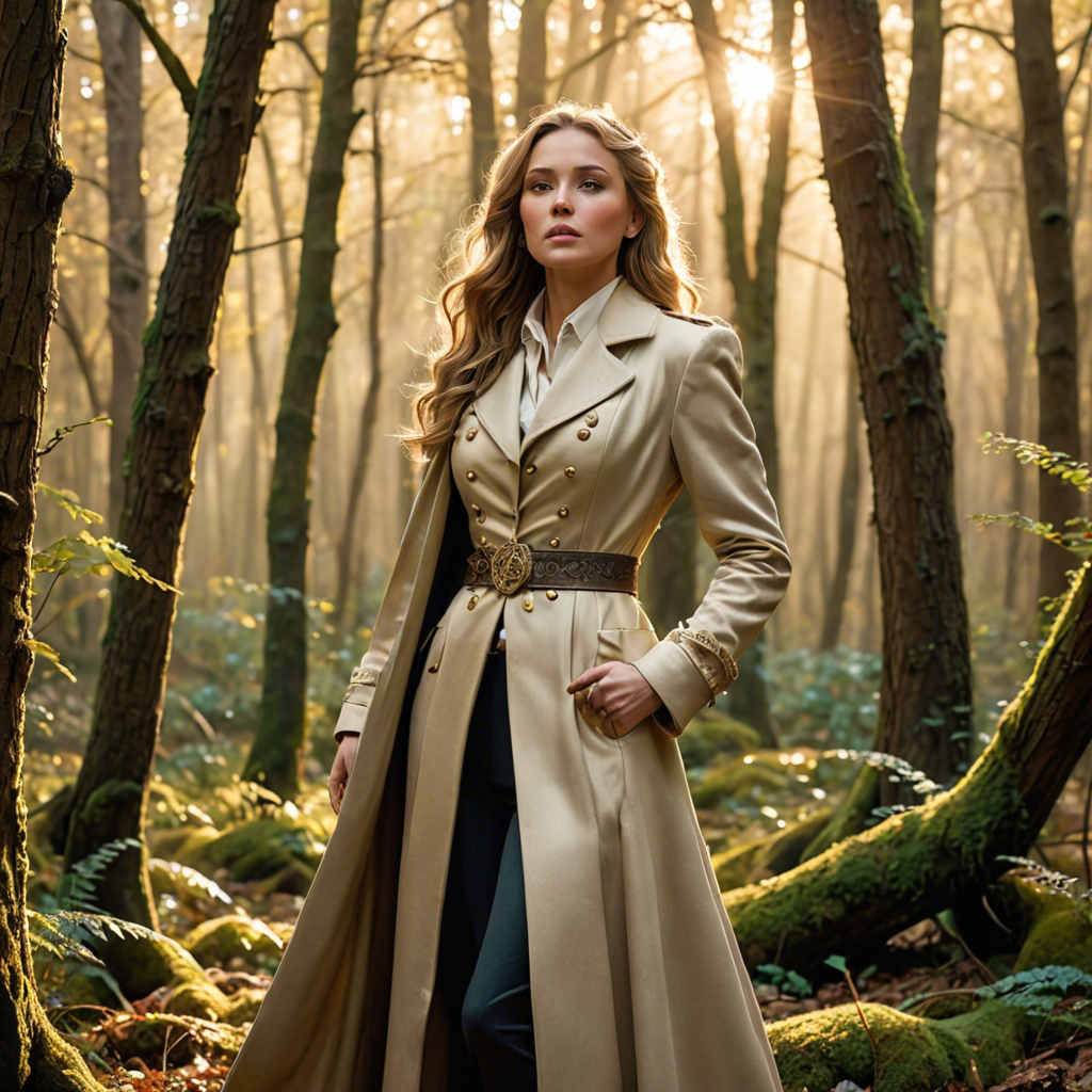 a warrior princess in a tailored long coat, singing softly in an enchanted forest, soft golden glow, detailed — image 2