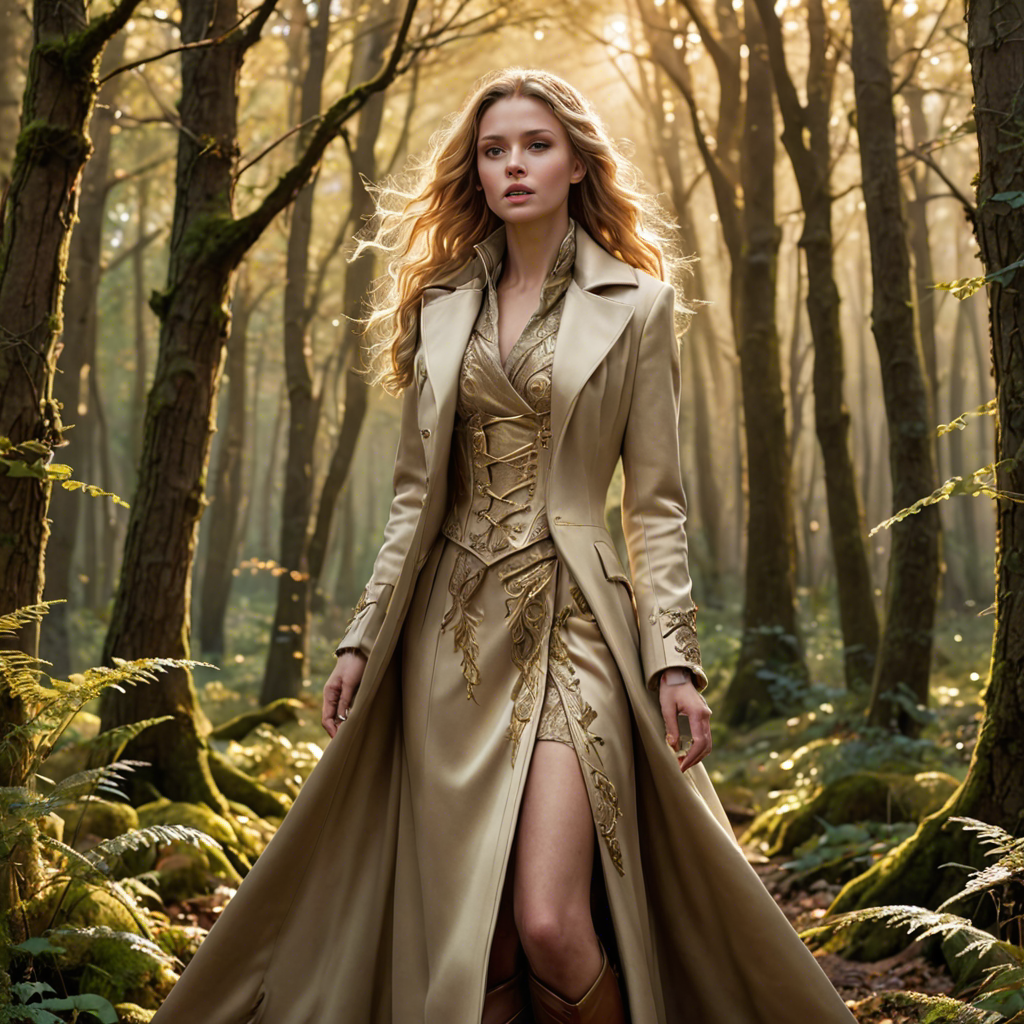 a warrior princess in a tailored long coat, singing softly in an enchanted forest, soft golden glow, detailed — image 3