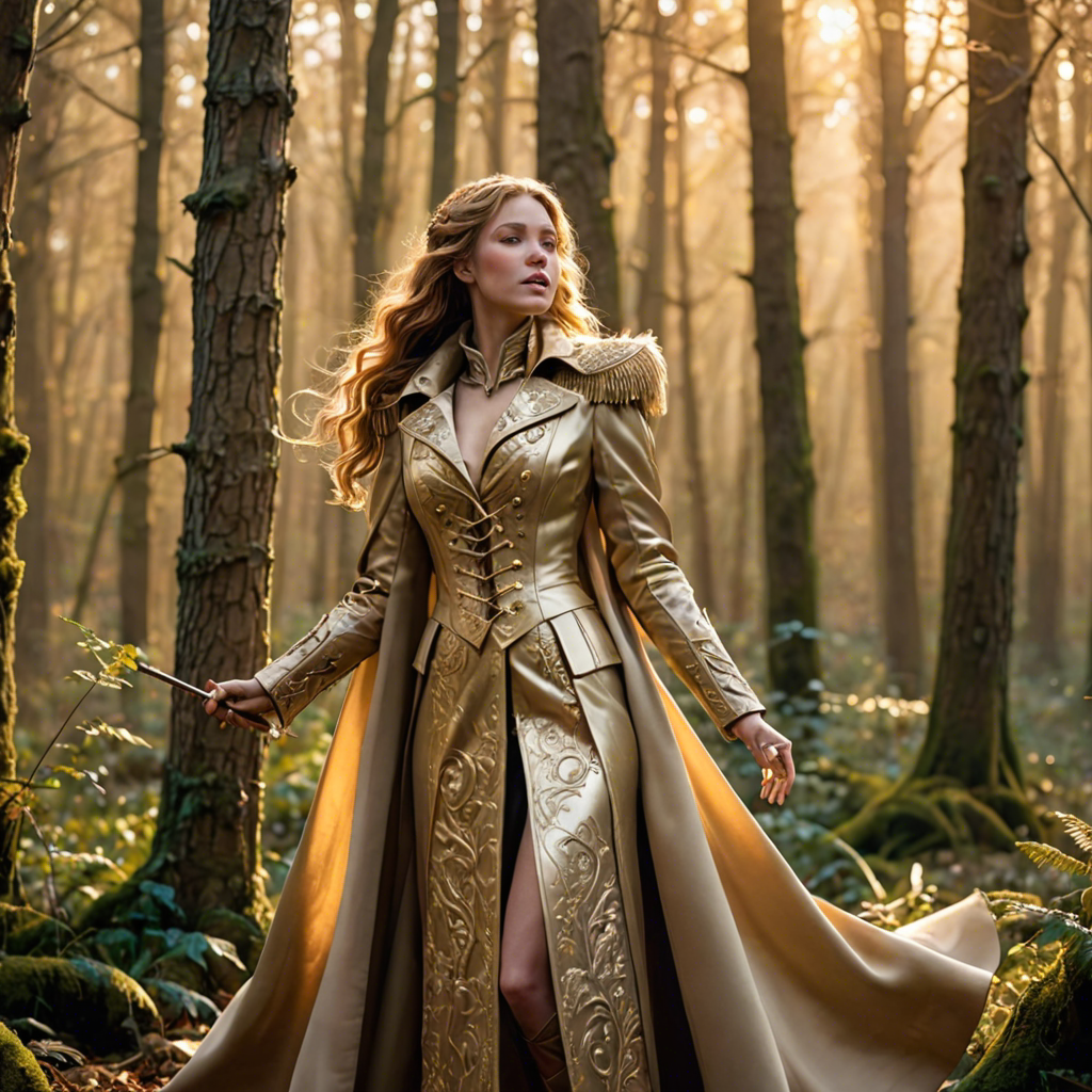 a warrior princess in a tailored long coat, singing softly in an enchanted forest, soft golden glow, detailed — image 4