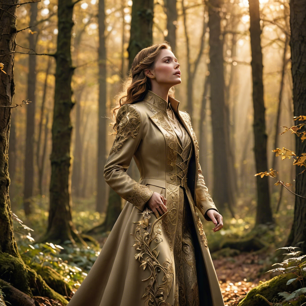 a warrior princess in a tailored long coat, singing softly in an enchanted forest, soft golden glow, detailed — image 5