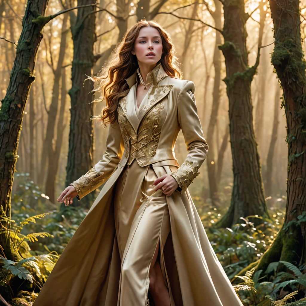a warrior princess in a tailored long coat, singing softly in an enchanted forest, soft golden glow, detailed — image 7