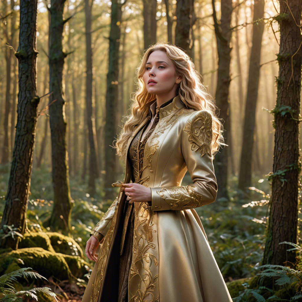 a warrior princess in a tailored long coat, singing softly in an enchanted forest, soft golden glow, detailed — image 8