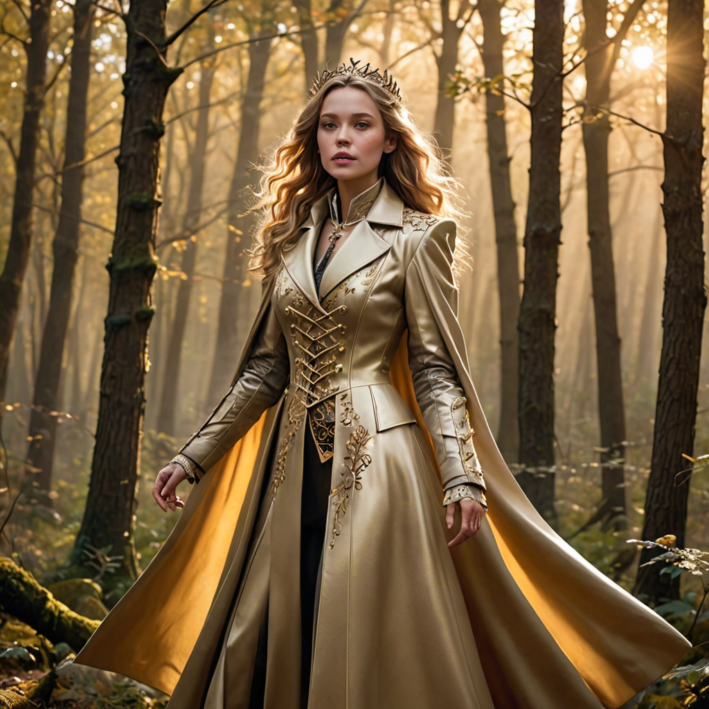 a warrior princess in a tailored long coat, singing softly in an enchanted forest, soft golden glow, detailed — image 9