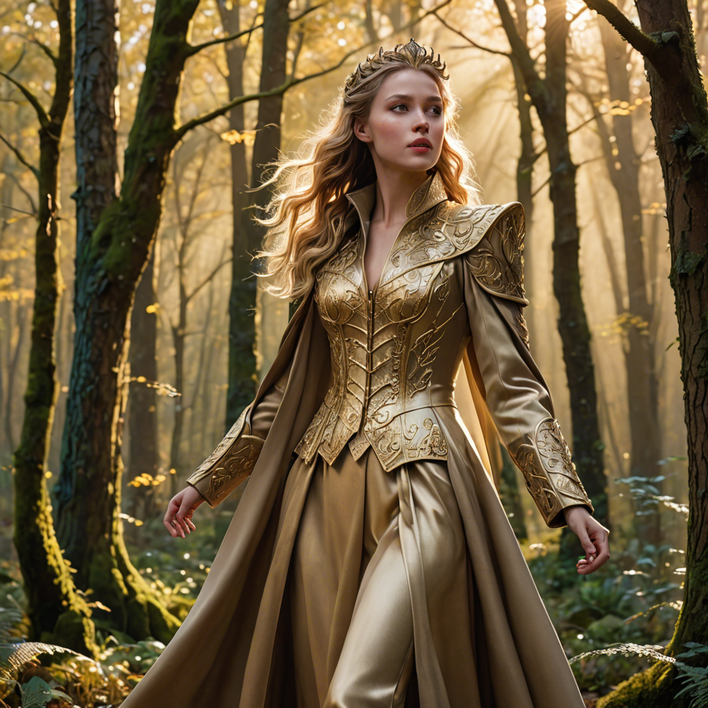 a warrior princess in a tailored long coat, singing softly in an enchanted forest, soft golden glow, detailed — image 10
